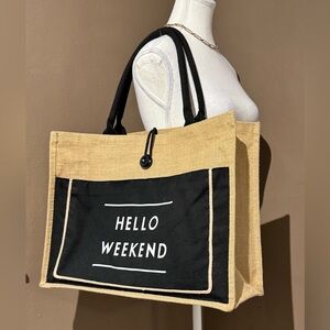 Black and Tan Burlap “Hello Weekend” Tote Bag